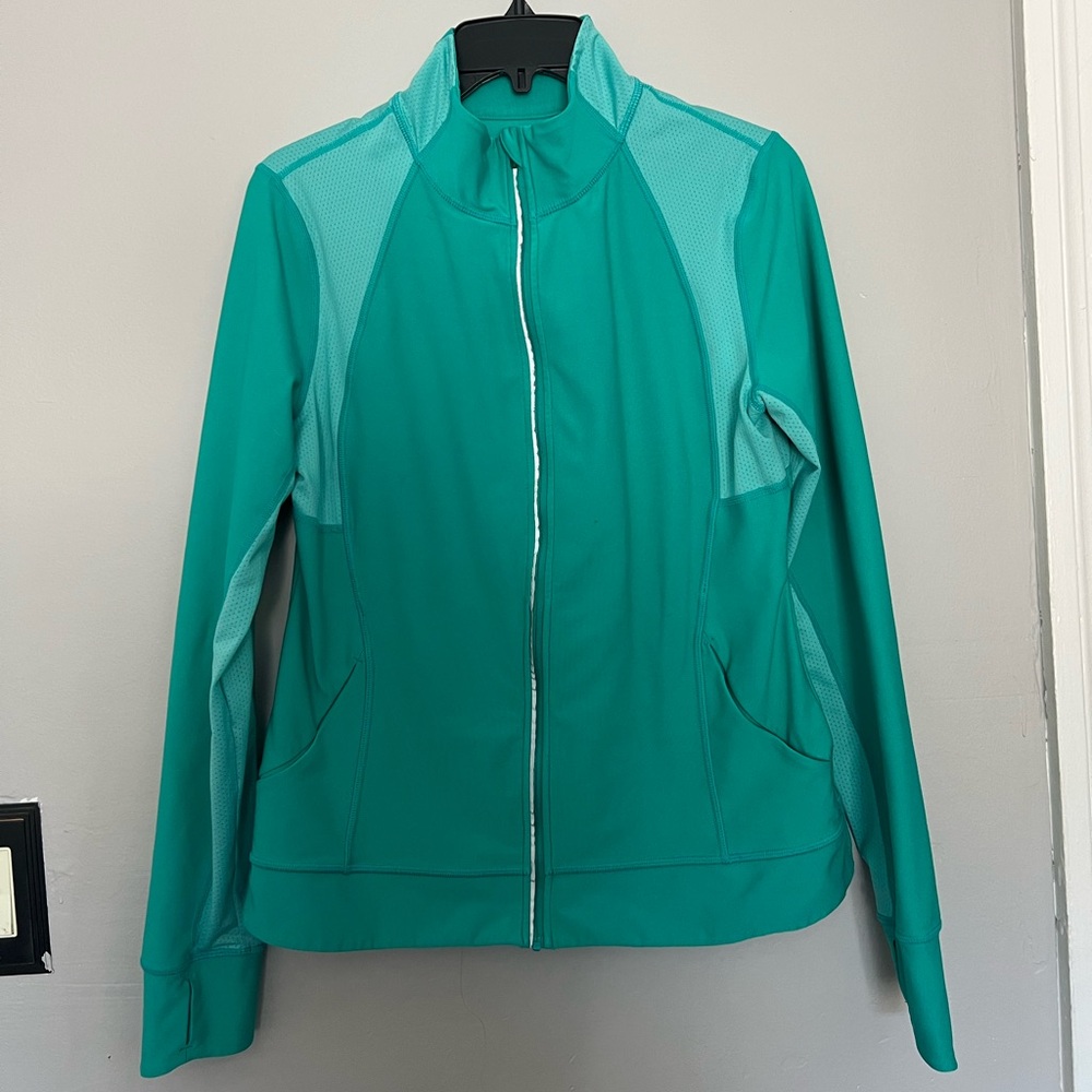 Lucy Tech Track Jacket Medium Long Sleeve Full Zip Running Turquoise Thumb Holes